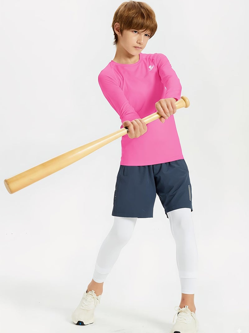 DEVOROPA Youth Boys Compression Shirt Long Sleeve Football Baseball Undershirt Quick Dry Sports Baselayer Pink L - Image 4